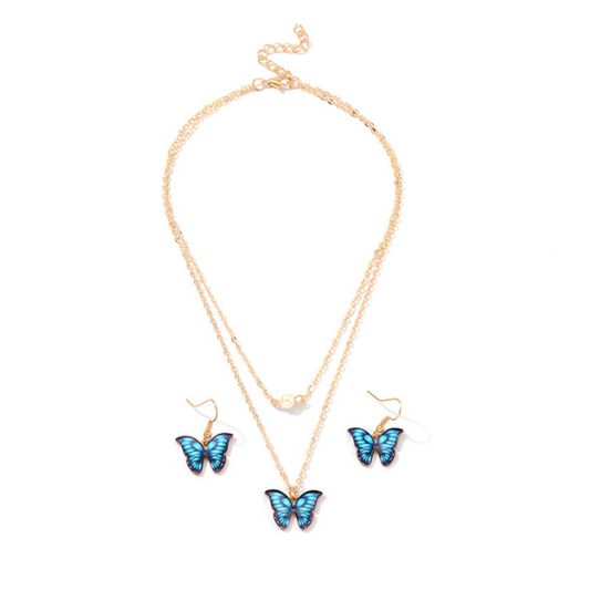 Halskette- und Ohrringe-Schmetterlings-Schmuck-Set blau, Damenschmuck