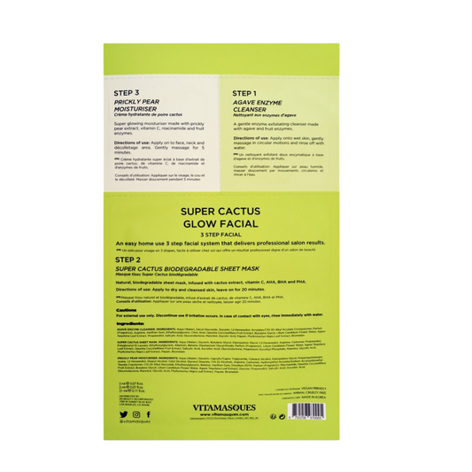 VITAMASQUES Super Cactus Glow Facial – 3-stufige Gesichtspflege mit Reiniger, biologisch abbaubarer Tuchmaske und Feuchtigkeitscreme