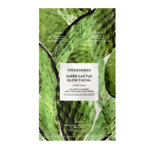 VITAMASQUES Super Cactus Glow Facial – 3-stufige Gesichtspflege mit Reiniger, biologisch abbaubarer Tuchmaske und Feuchtigkeitscreme