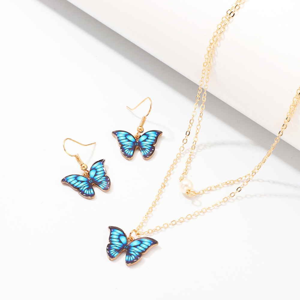 Halskette- und Ohrringe-Schmetterlings-Schmuck-Set blau, Damenschmuck